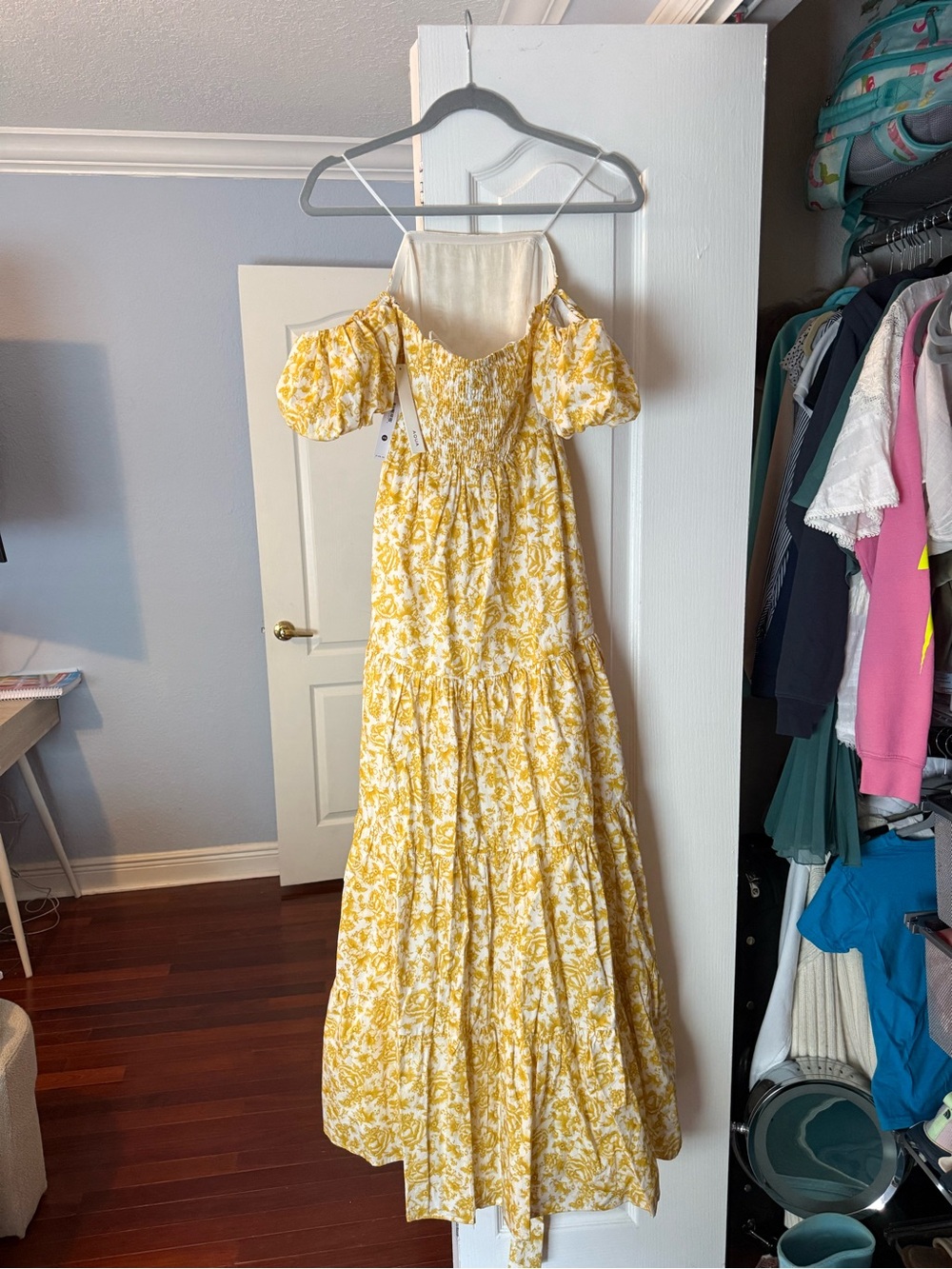 Aqua Yellow Floral Off-Shoulder Maxi Dress with Tie Waist - Picture 5 of 6